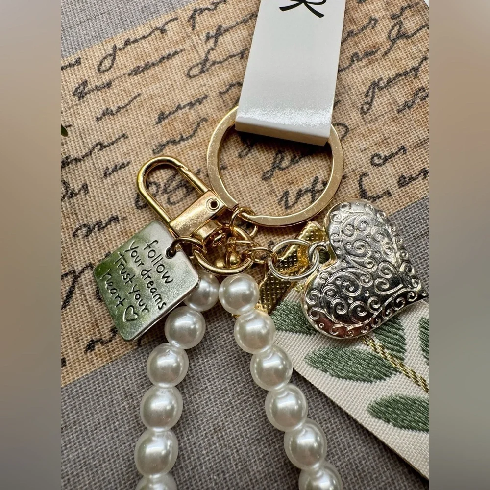 New Leaf, Faux Pearl, Heart Silver & Gold Tone Purse Charm Keychain - 5”